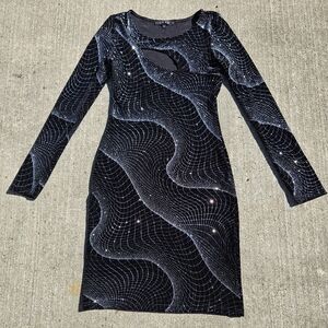 Gorgeous Silver Sparkle Snap Black Party Dress Long Sleeves Bodycon Size Small
